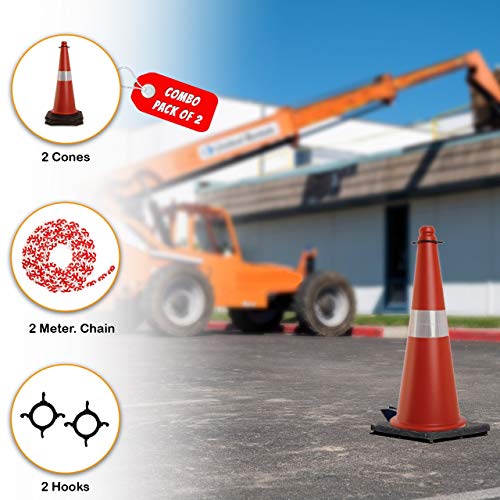 Image of LADWA Road Traffic Cone, Pack of 2 cones 750mm, with 2 mtr chain + 2 hooks, (Safety Cone, Traffic Safety Cone, Road Safety Cone with Reflective Strips Collar)