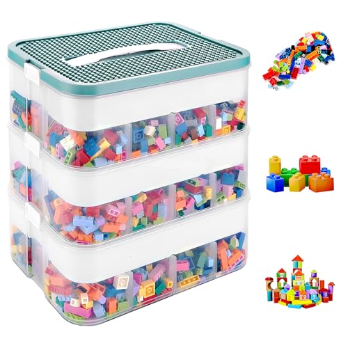 JMIATRY Boite Rangement Plastique pour Lego 30.5x23x12.5CM, 3 Couches Boite Rangement pour Lego avec Couvercle Transparente Compartiment