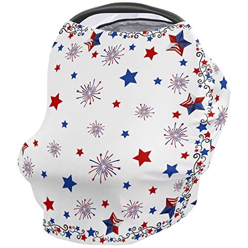 Nursing Cover for Breastfeeding Scarf, Blue and Red Stars Independence Day 4th of July Baby Car Covers Super Soft Multi Use for Canopy Shopping Cart Cover Blanket Stroller Cover