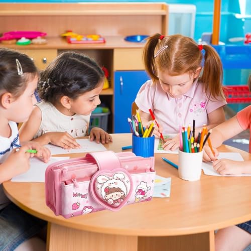 Image of Invite Canvas Kawaii Pencil Case 3 Compartment Cute Aesthetic Pencil Case for Girls Large Capacity Pen Pencil Pouch Multifunctional Stationery Organizer for School Office Kids (Heart Shape-Pink)