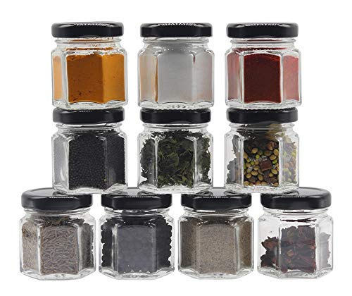 Image of Cute Hexagonal 50 Grams Airtight Glass Jar Containers for Honey, Spices & Other Kitchen Items with Rust Proof Black Caps -Set of 12