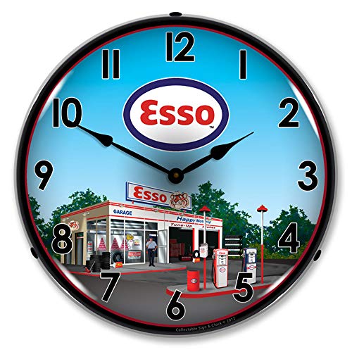 Esso Station   Reloj de pared LED, retro, vintage, iluminado, 35,5 cm