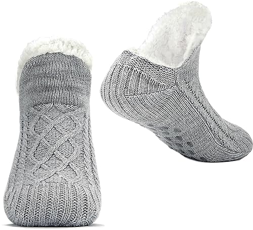 Image of Women Knitted Slipper Socks Cozy Sherpa Fuzzy Socks Non Slip Socks Winter Indoor Double Layer Bedroom Slipper Socks