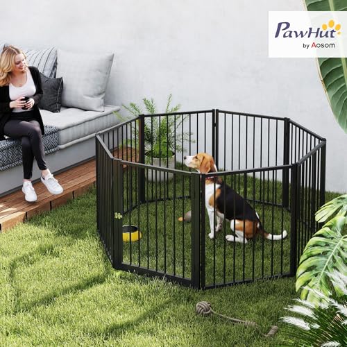 PawHut Welpenlaufstall 8-TLG Welpenauslauf mit 8 Gitterplatten Tür flexibel faltbar Freilaufgehege 76cm hoch Hundelaufstall Welpengitter für kleine und mittelgroße Hunde für drinnen und draußen