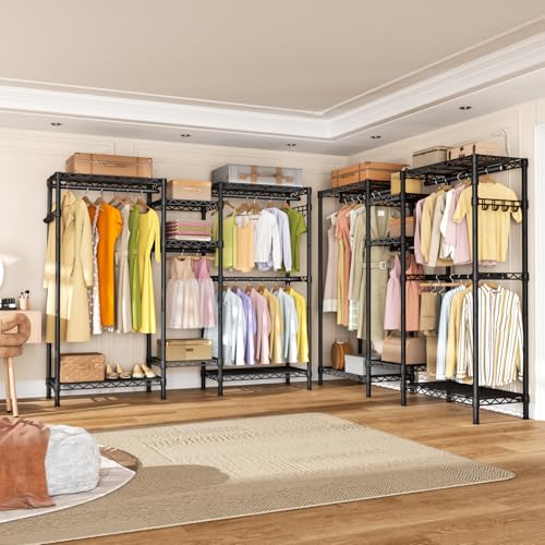 Heavy Duty Garment Rack Large Clothes Rack,Freestanding Closet Portable Clothing Rack with 7 Adjustable Wire Shelves&4 Hang Rods&2 Hooks,Metal Closet Storage Organizer Wardrobe System,MaxLoad 1000lbs