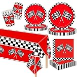 MORAINJAY 97 Pcs Racing Car Party Decorations,Black White F1 Checkered Flag Party Tableware Set,Birthday Paper Plates,Paper Cups,Napkins,for Kid Birthday Parties Racing Themed Celebrations