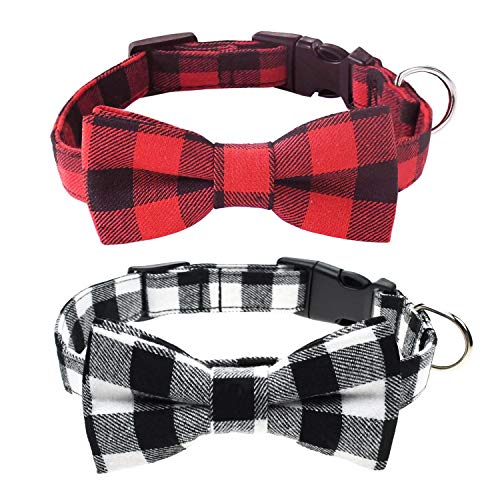 Malier 2 Pack Dog Collar with Bow tie, Cute Plaid Pattern Dog Collar with Bow tie and Durable Buckle Collar for Small…