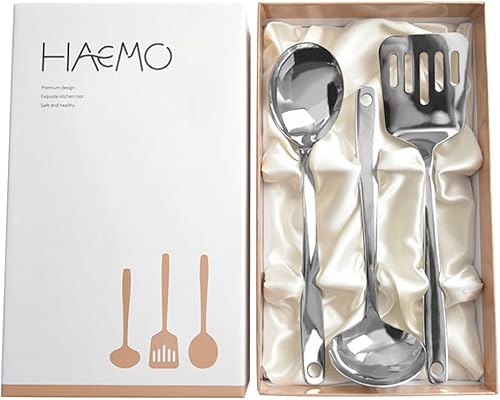 Juego de herramientas de cocina 3P, utensilios de cocina de acero inoxidable 304, cucharón de olla caliente, cuchara de cocina, espátula (3 piezas)