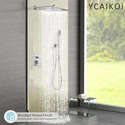 Image of Shower Faucet Set Complete, Wall Mount Shower System for Bathroom 12 Inch High-Pressure Rainfall Shower with Handheld, Rough-in Valve Body and Trim Kit, Brushed Nickel