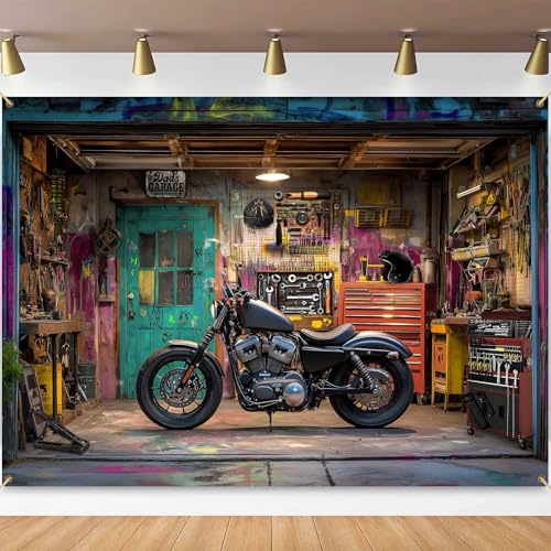 ZHXYMMS Vintage Motorcycle Garage Backdrop Graffiti Motorbike Shop Mechanic Workshop Repair Tools...