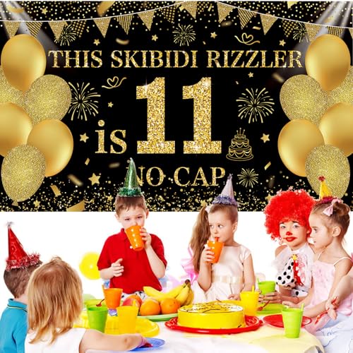 Image of Black Gold This Skibidi Rizzler is 11 No Cap Happy Birthday Backdrop Banner Photography Background Decorations for Boys Girls 11th Year Bday Party Accessories Supplies 72.8 * 43.3in