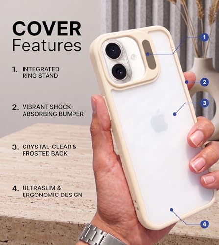 Image of amazon basics Frosted Matte Case for iPhone 17 | Built-in Flip-Out Camera Lens Stand | Translucent Back with Contrast White Bumper | Shockproof Protective Cover with Foldable Kickstand