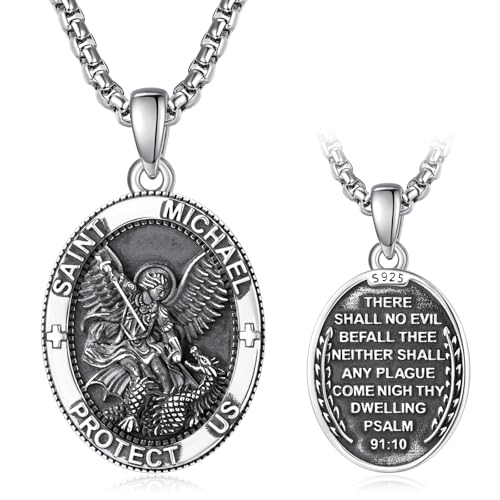 ADMETUS Sterling Silver Saint St Michael The Archangel Necklace Mens Amult Pendant Medal Protection Jewelry Religious Gifts for Men