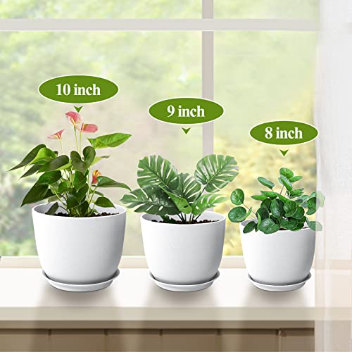 Fiason 10/9/8 Inch White Plant Pots, Plastic Flower Pots With Drainage Holes And Saucers, A Set Of 3 Planters Suitable For Indoor And Outdoor #TOP4