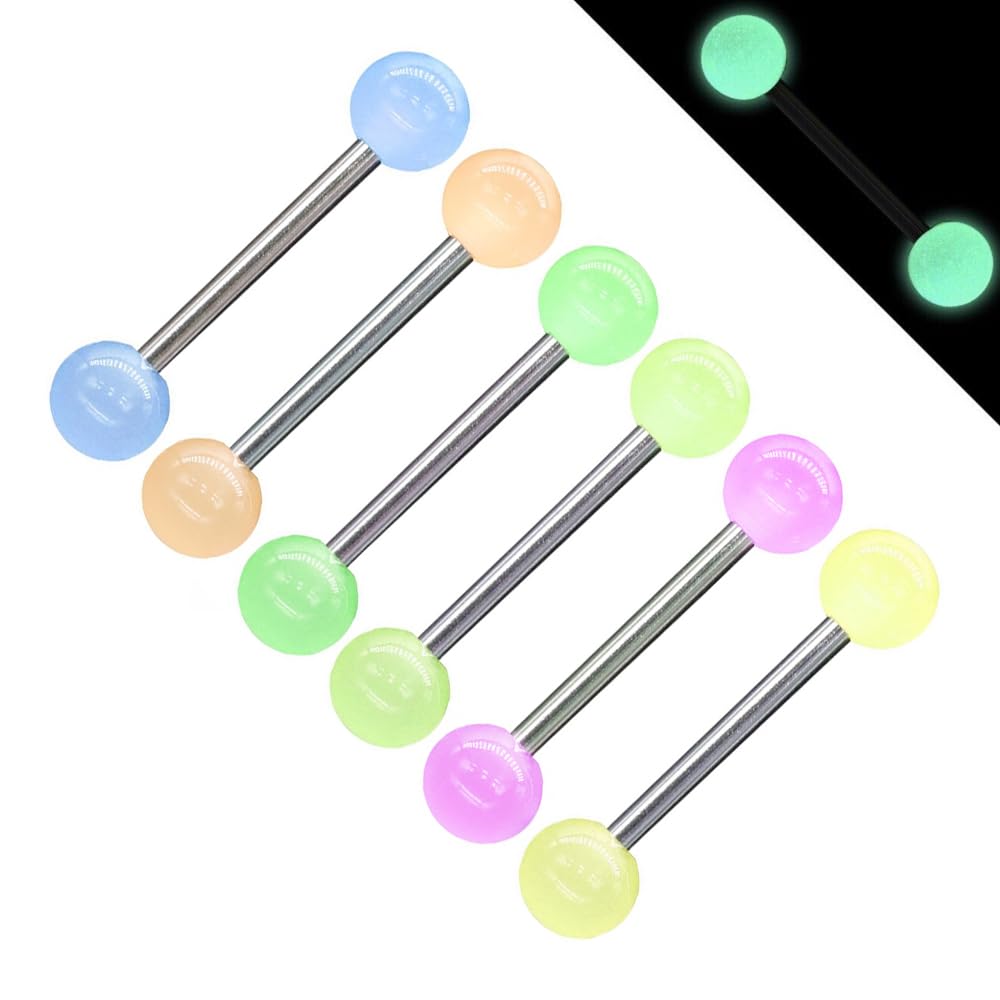 Heuvipens 6pc GLOW IN THE DARK 14G Tongue Bar UV Acrylic Ball Capsule Multi Color Steel Bar Barbell Ring Piercing Jewelry