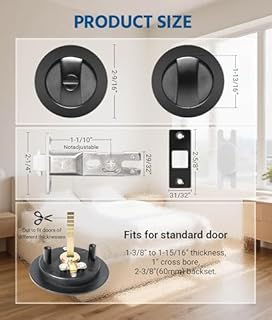 DPB Pocket Door Hardware with Lock, Privacy Door Handles with Adjustable Latch, Embedded Double-Sided Folding for 2-3/8" Backset and 1 3/8”to 2 3/16”Thickness Door (Lock but No Key, Black Round, 1Pcs)