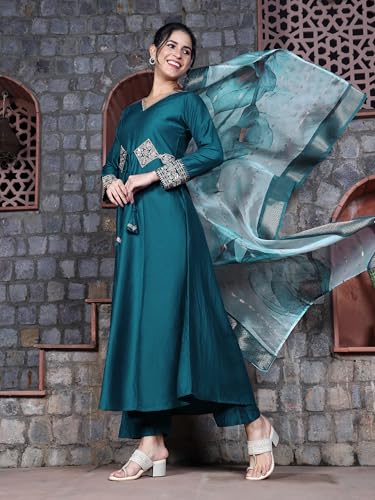 Image of EthnicJunction Women's Cotton Silk Embroidered Anarkali Kurta Palazzo with Digital Print Dupatta Set