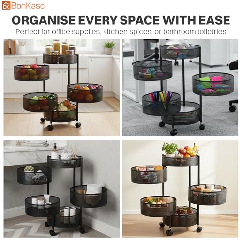 Image of BonKaso 5-Layer Round Multipurpose Kitchen Trolley with Swivel Storage Basket & 360 Rotating Wheels, Black Steel Frame, Easy Mobility, Space-Saving and Durable