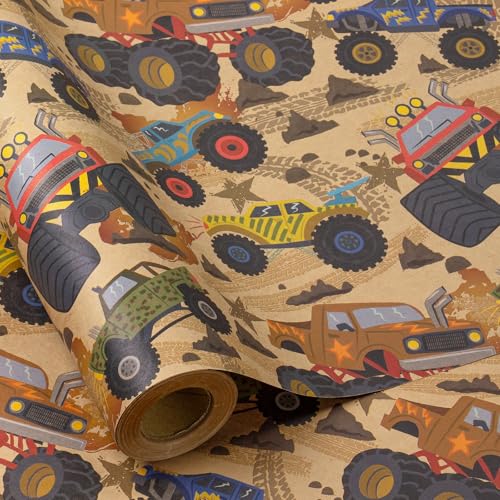 RUSPEPA Monster Truck Wrapping Paper for Boys Kids Mini Roll Gift Wrap with Monster Truck Patterns Kraft Paper Great for Birthday Gifts Themed Party and Holiday 17 Inches x 9.8 Feet