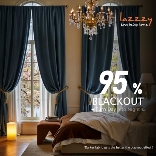 Image of Extra Long Dark Slate Velvet Curtains Back Tab 52x108 Inch 2 Panels | Blackout, Lined, Soft Velvet, For Tall Windows & High Ceilings, Light Shifting Texture, Elegant Luxury Drape, Serene