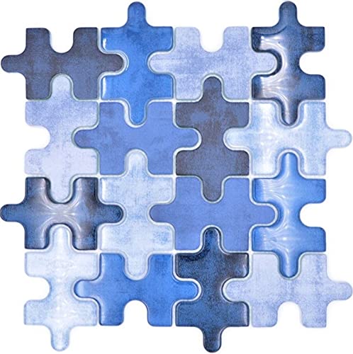Piastrelle a mosaico in vetro combinato, puzzle misto, blu, per parete posteriore della cucina, MOS88-PT01_f
