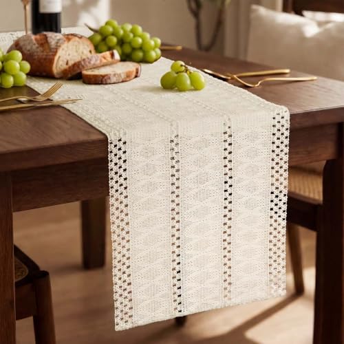 AOOTE Camino de Mesa de Macramé Beige Boho Camino de Mesa,30*180cm Camino de Mesa de Macramé Beige,Lavable en la Lavadora,Camino de Mesa de algodón y Lino para Primavera, Boda,Fiesta