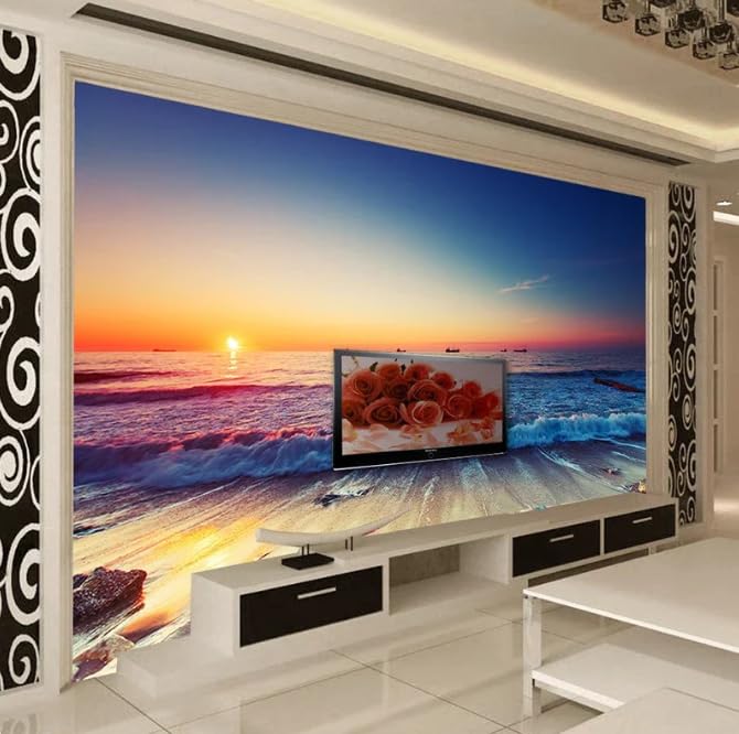 Décor panoramique 3D plage romantique pour fond mural chic - 3