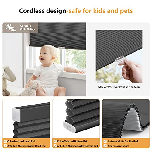 Lazblinds Cordless Cellular Shades, Blackout Privacy Light Blocking Honeycomb Shade Pleated Blinds For Windows Size 25'' W X 64'' H, Black #TOP2