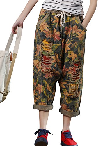 Women's Elastic Waist Harem Pants Drop Crotch Ripped Jeans Style 4