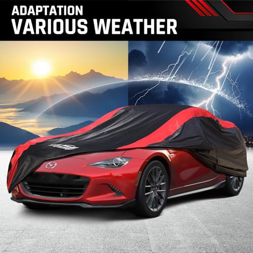 Image of Car Cover Custom Fit for Mazda MX-5 Miata (1989-2026) | Red Strip Design, Cotton Liner for Paint Protection, Sun Rain Snow UV Proof, Door Zipper, Windproof Buckle, Storage Bag