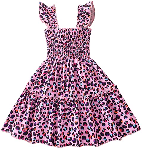Retsugo Pink Leopard Dress For Girls Toddler Flutter Sleeve Sundress Summer Clothes Outfits Kids Swing Twirly Tiered Dresses 3-4 Years #TOP15