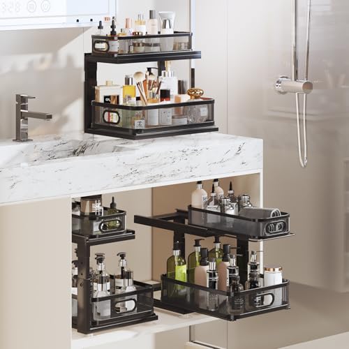 Image of 2 Pack Under Sink Organizer With Next-Gen Ball-Bearing Slides,2-Tier Precision Mesh Pull Out Cabinet Shelf Storage for Bathroom&Kitchen,Slide Out Drawers Height Adjustable,Rust-resistant