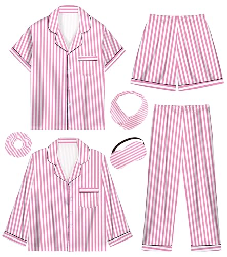 Silk Pajamas for Girls Satin Pajama Kids 4 Pieces Girls Button-down Pjs Set with Eye Mask Headband Scrunchie