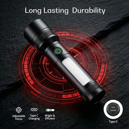 Image of IBELL LUMINEX 800 Rechargeable Torch Light High Power, 6 Light Modes, Telescopic Zoom, Type C Charging, LED Flashlight, Super Bright & Long Distance Range, for Home, Outdoor & Emergency Use (Black)