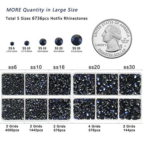 Image of 6736pcs Hotfix Rhinestones Flatback,Navy Blue Rhinestones for Crafts Clothes Mixed 5 Sizes, Hotfix Crystals with Tweezers and Wax Pencil Kit, SS6-SS30,Montana