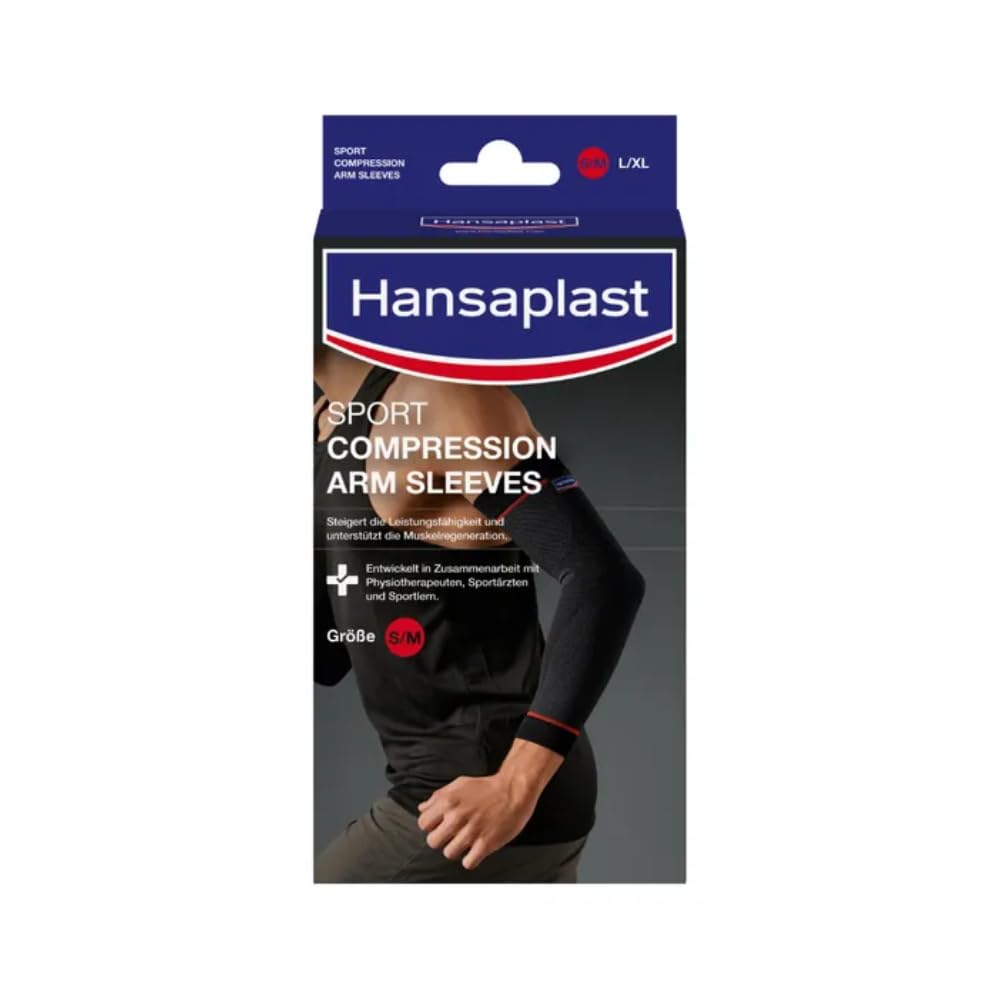 Hansaplast Sport Compression Wear Arm Sleeves, Armbandage unterstützt die Muskulatur, Ellenbogenbandage fördert mit Kompression die Muskelregenration, 1 Paar, Größe S/M