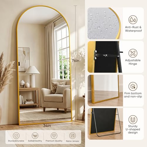 Image of Full Length Mirror, 76 inchx34 inch Arched Floor Mirror Freestanding, Floor Standing Full Body Mirror with Stand for Bedroom, Hanging Mounted for Living Room Cloakroom, Gold