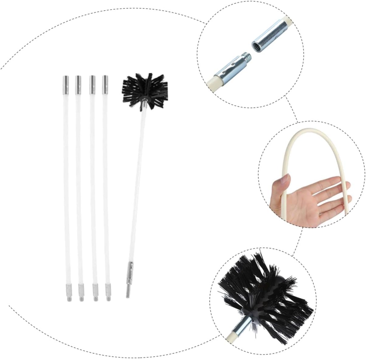 Cabilock Fireplace Chimney Cleaning Brush and Dryer Vent Lint Sweeping Tool, Flexible 610mm Rods with 4 Poles and 1 Brush Head for Duct and Stove Pipe Interior Maintenance