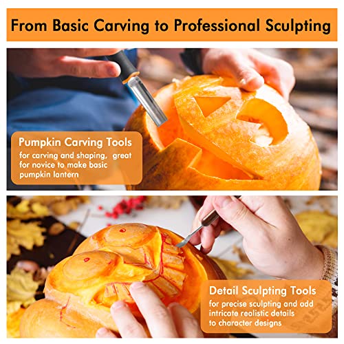 Shuttle Art 35 PCS Halloween Pumpkin Carving Kit, 11 PCS Professional Stainless Steel Pumpkin Carving Tools with 10 Stencils and 12 Electronic Candles, Safe, Fun and Durable for Kids Adults Carving4