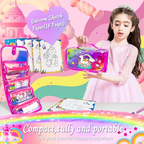 Image of weirtoya 56 PCS Washable Scented Markers with Glitter Pencil Case, Mermaid Unicorn Arts and Crafts for kids 4-6-8 Kids Coloring Drawing Kits for 4-8 Years Old Girls (Rainbow, 70)