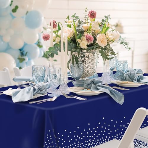 Image of Mulbozy 2 Pcs Navy Blue and Silver Dot Table Cloth,Disposable 54x108 inch