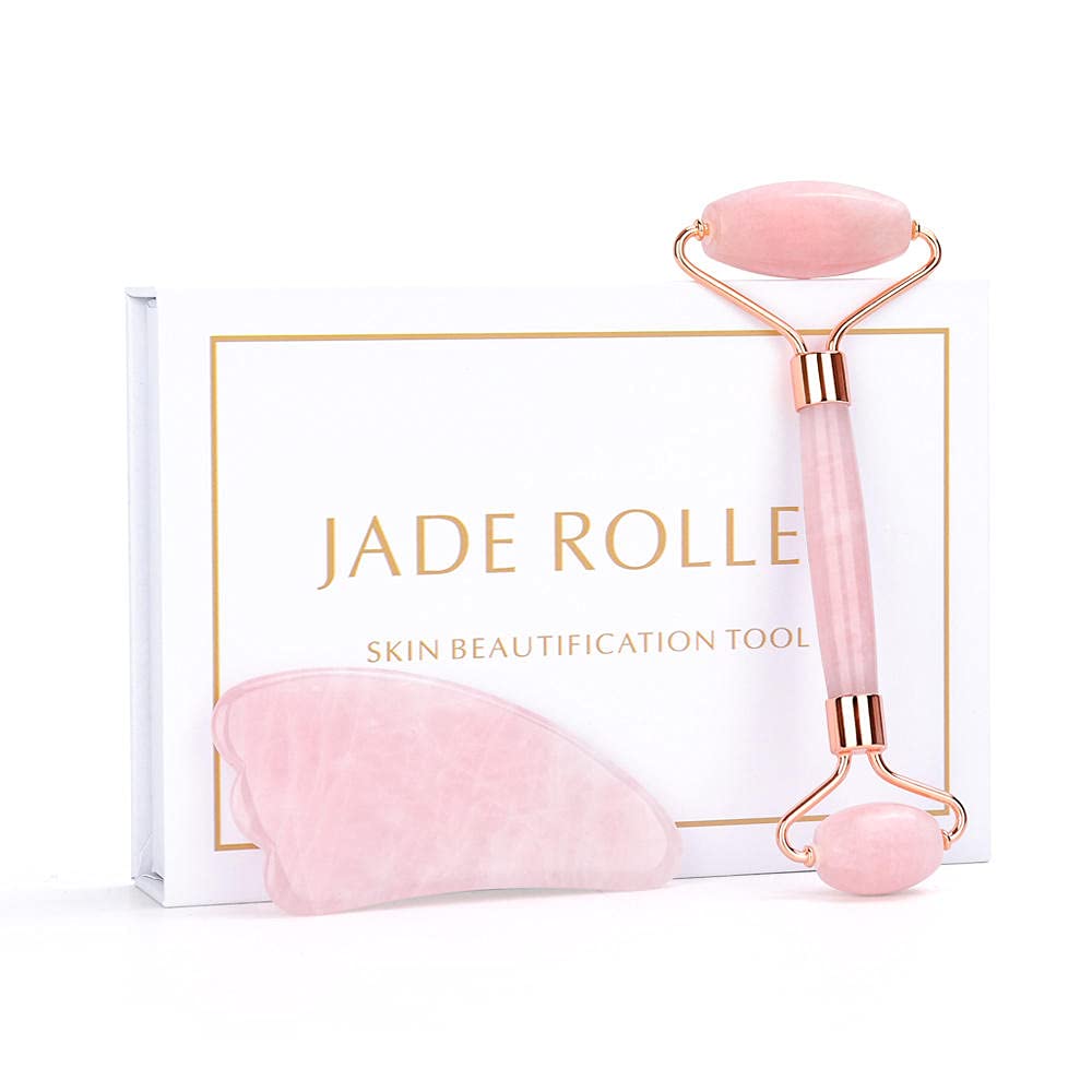 Masaje de jade masajeador facial relajación facial herramienta de elevación jade roding piedra natural rosa masajeador de cuarzo-Set de rosa B con caja