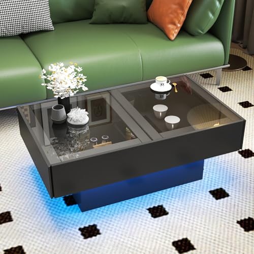 JOYSOURCE Glass LED Coffee Tables Black for Living Room with LED Lights & Hidden Storage Compartment 39x24x15'' Rectangle Modern Minimalist Coffee Table with Sliding Tabletop 39-57''