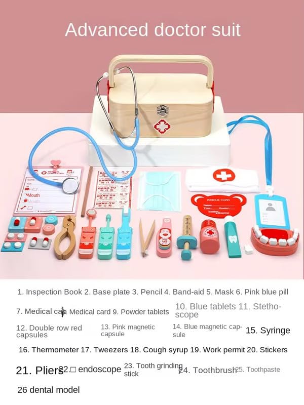 Image of Doctor Kit for Kids Wooden Dentist Set with Working Stethoscope Doctor Playset Pretend Play Doctors Set for Children, Kids Role Play Toys, Storage Doctor kit (Doctor Box Playset)