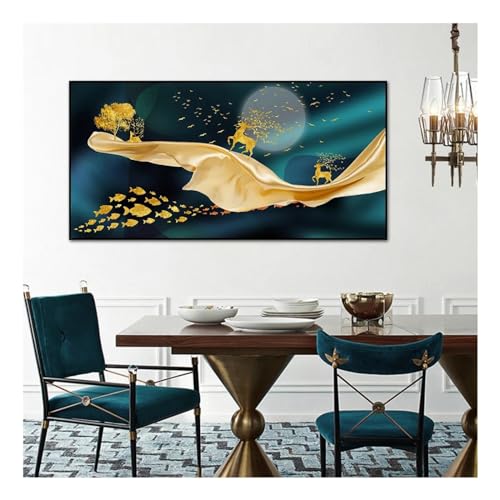 Toile arbres dorés art moderne grand format 70x140 cm finition haut de gamme avec cadre