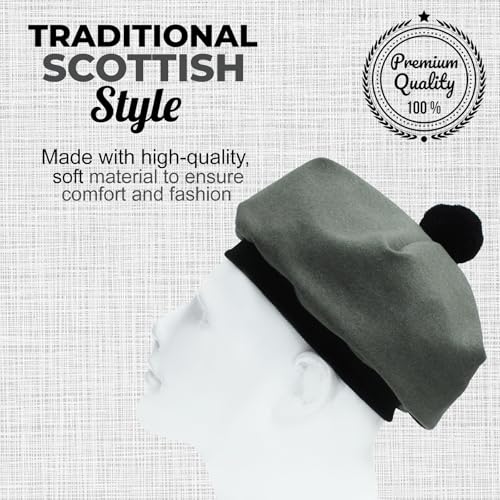 Image of Scottish Tam O' Shanter Hat Tartan Bonnet Pom Pom Wool Flat Cap One Size