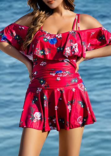 Image of COCOPEAR Women's One Piece Flounce Swimsuit Off Shoulder Bathing Suit Tummy Control Swimdress(FBA)