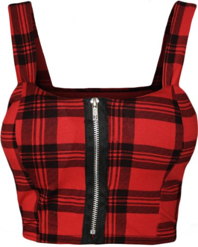 WearAll - Damen reißverschluss Bandeau Boobtube gepolsterte Trageriemen Crop Top Bralet - Rot Tartan - 40-42