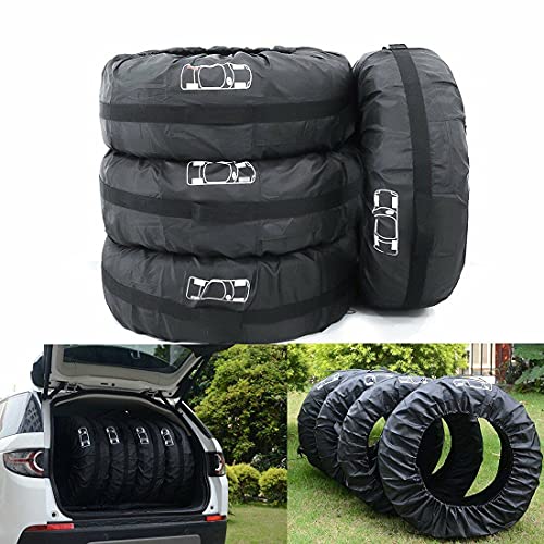 Image of Set of 4 Spare Tire Cover Tote COOSOO Upgraded 420D Version Portable Dustproof Wheel Storage Bag with Handle Easy Transportation for Trailer Truck Camper Auto Universal Fit 17in-30in (BlackRed, L)