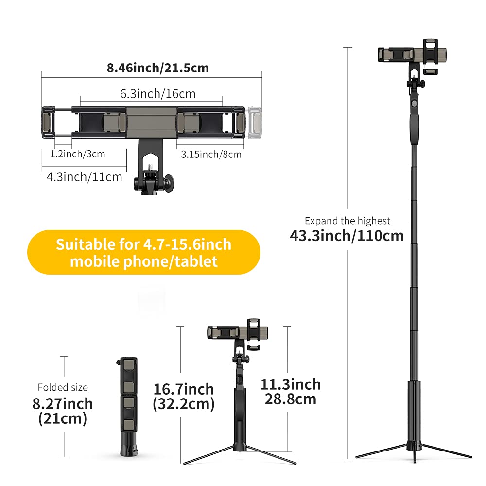 K&F Concept A200 Bastone Selfie Treppiede, 110 CM Selfie Stick Estensibile in Alluminio con Due Clip per Smartphone e Telecomando Bluetooth, Rotazione a 360° per iPad iPhone Samsung Galaxy Huawei